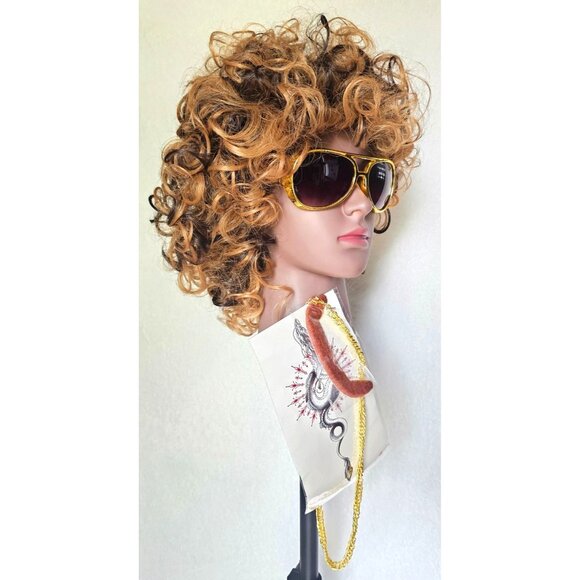 Curly Brown Disco Wig Gold Sunglasses Mustache Rock Star 80s Costume Tattoos NEW - Picture 1 of 5